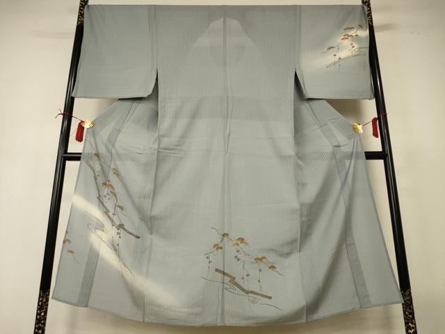 平和屋着物*夏物 男性 訪問着 縦絽 蔦の葉文 暈し染め 金彩 キングサイズ 正絹 逸品 AABI6629jd
