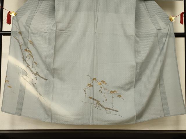 平和屋着物*夏物 男性 訪問着 縦絽 蔦の葉文 暈し染め 金彩 キングサイズ 正絹 逸品 AABI6629jd