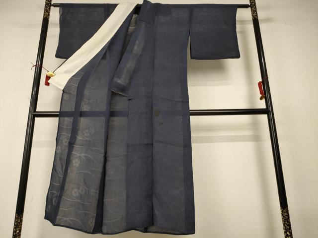 平和屋着物*夏物 小千谷ちぢみ 色無地 芝花紋紗 藍鉄色 麻 逸品 AABI6697jd