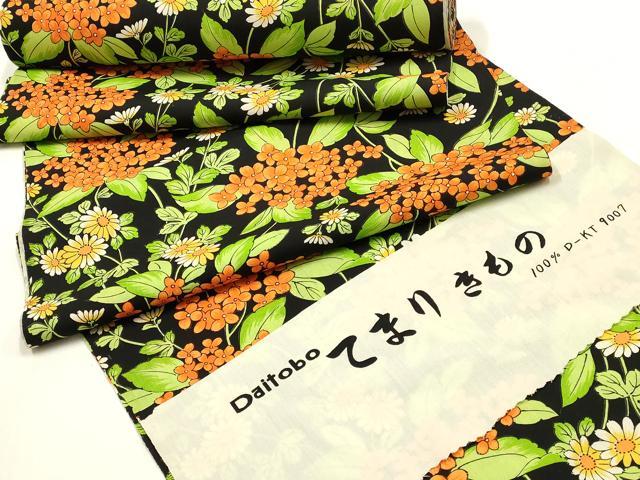 平和屋着物▼小紋 反物 着尺 草花文 黒地 未使用 AABI6731ay