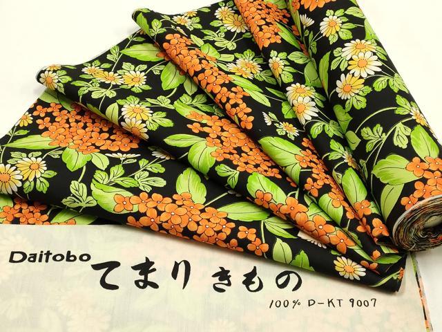 平和屋着物▼小紋 反物 着尺 草花文 黒地 未使用 AABI6731ay