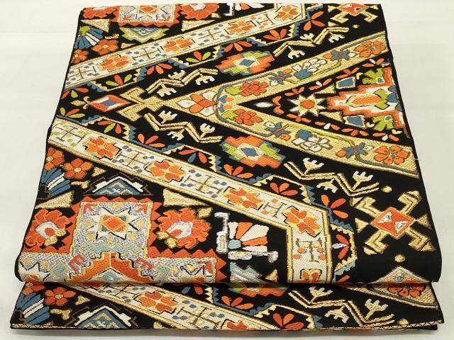 平和屋着物◎六通柄 本袋帯 唐織 幾何学花文 黒地 金糸 正絹 逸品 AABI6818ou