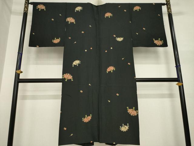 平和屋着物●長襦袢 袷 扇面花文 黒地 金彩 正絹 逸品 AABI6847ck
