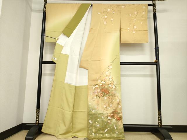平和屋着物●訪問着 駒刺繍 地紙花文 暈し染め 金彩 正絹 逸品 AABI6854ck