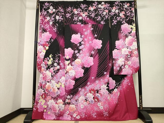 平和屋着物●豪華振袖 刺繍 花唐草文 暈し染め 銀通し地 正絹 逸品 AABI6894ck