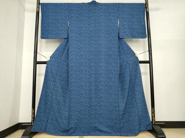 平和屋着物●上質な小紋 紬地 型染め 藍 草花文 正絹 逸品 AABI6934ck
