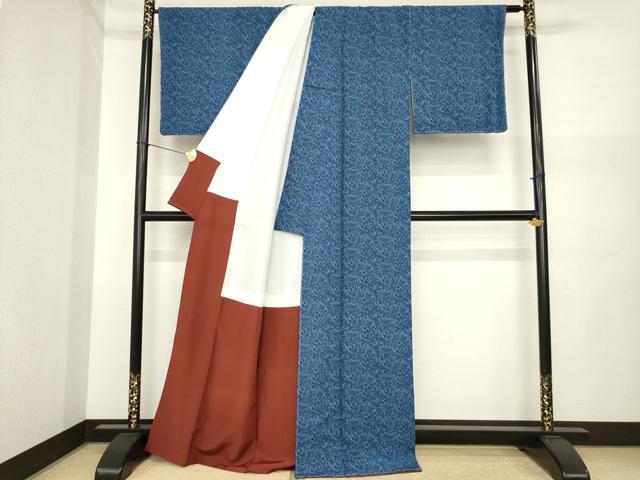 平和屋着物●上質な小紋 紬地 型染め 藍 草花文 正絹 逸品 AABI6934ck