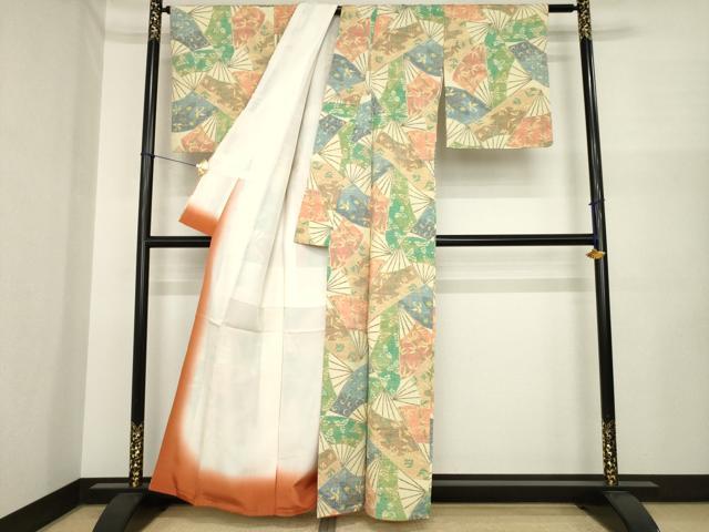 平和屋着物●小千谷紬 扇面花文 正絹 逸品 AABI6935ck