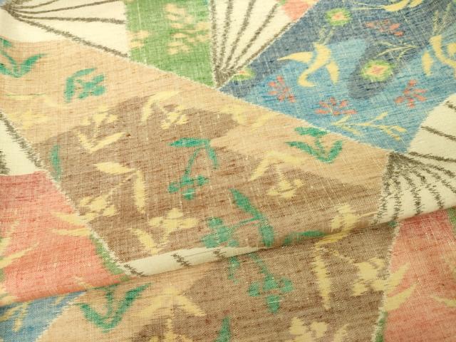 平和屋着物●小千谷紬 扇面花文 正絹 逸品 AABI6935ck