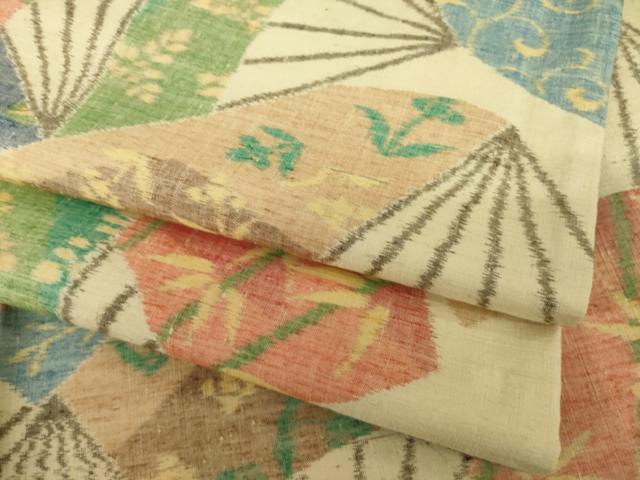 平和屋着物●小千谷紬 扇面花文 正絹 逸品 AABI6935ck