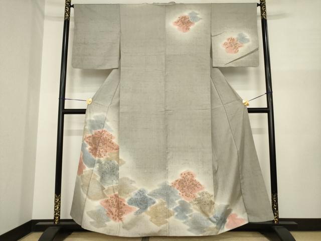 平和屋着物●訪問着 紬地 辻が花 松皮菱花文 暈し染め 金彩 正絹 逸品 AABI6938ck