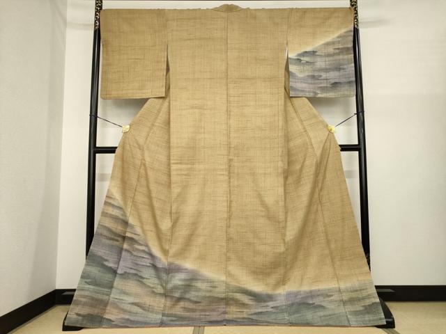 平和屋着物●訪問着 紬地 霞文 暈し染め ロング丈 正絹 逸品 AABI6939ck