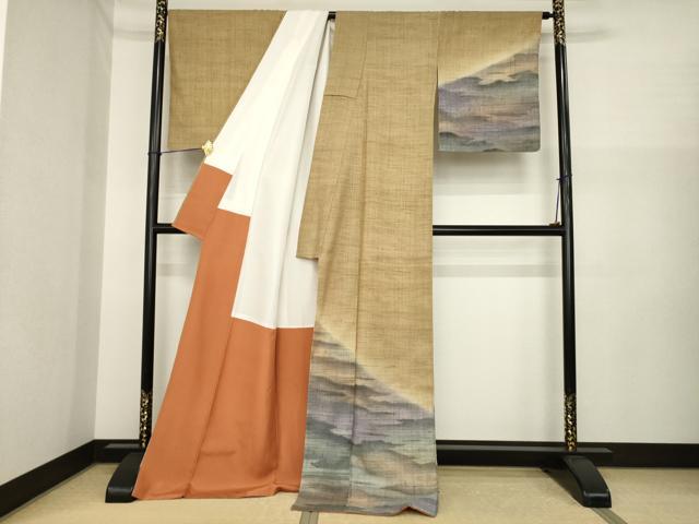 平和屋着物●訪問着 紬地 霞文 暈し染め ロング丈 正絹 逸品 AABI6939ck