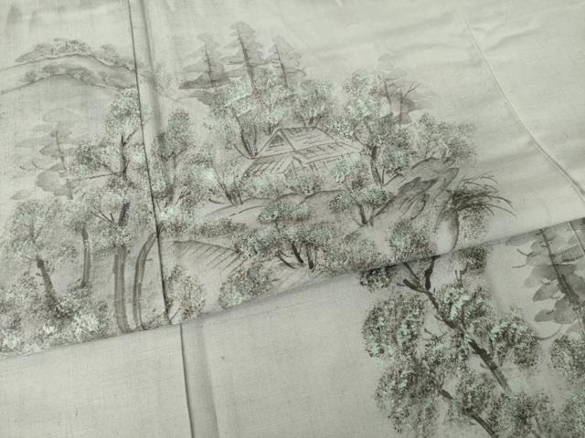 平和屋着物●訪問着 紬地 手描き 風景文 正絹 逸品 AABI6941ck
