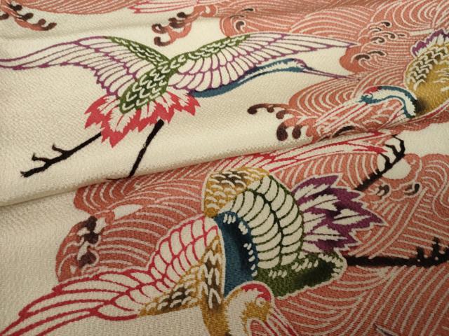 平和屋着物●上質な小紋 紅型 立波飛鶴文 鬼しぼ縮緬 正絹 逸品 AABI6943ck