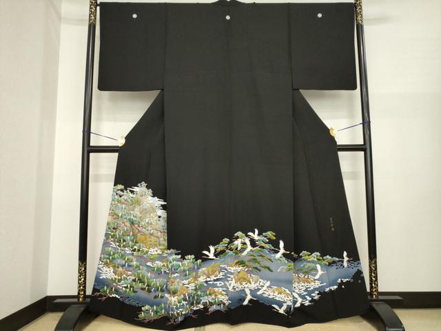 平和屋着物●豪華黒留袖 蘇州刺繍 飛鶴風景松文 正絹 逸品 AABI6955ck