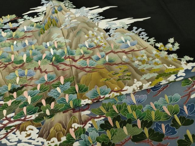 平和屋着物●豪華黒留袖 蘇州刺繍 飛鶴風景松文 正絹 逸品 AABI6955ck