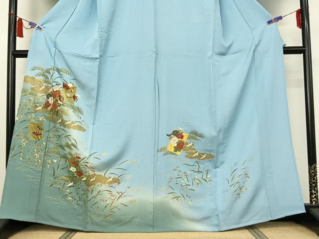 平和屋着物▽訪問着 単衣 飛鶴花文 暈し染め 金彩 正絹 逸品 AABI6975jh