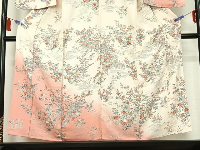 平和屋着物▽訪問着 単衣 風景御所車花文 暈し染め 正絹 逸品 AABI6990jh