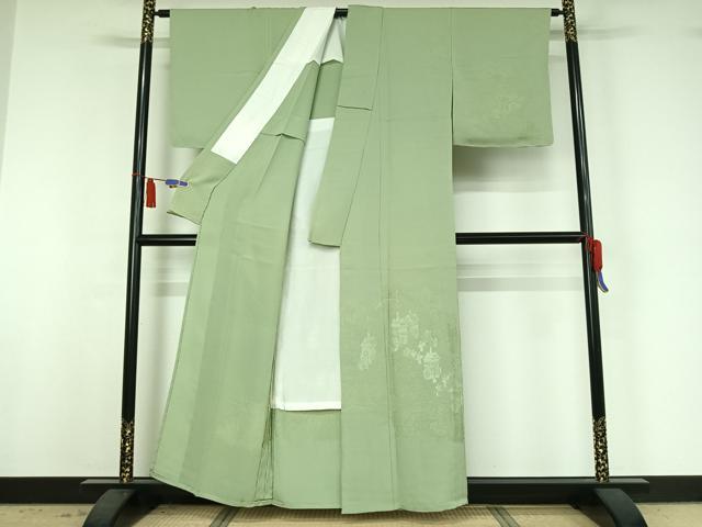 平和屋着物▽無地絵羽訪問着 単衣 風景人物地紋 若葉色 正絹 逸品 AABI6995jh