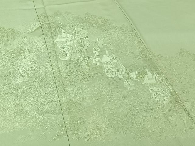 平和屋着物▽無地絵羽訪問着 単衣 風景人物地紋 若葉色 正絹 逸品 AABI6995jh