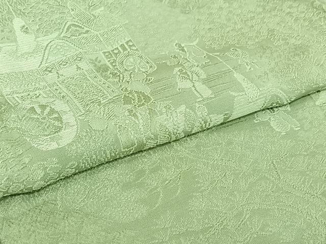 平和屋着物▽無地絵羽訪問着 単衣 風景人物地紋 若葉色 正絹 逸品 AABI6995jh