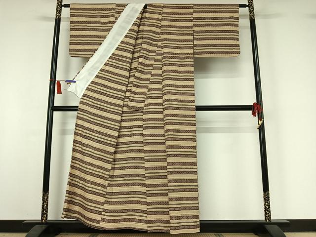平和屋着物▽本塩沢 単衣 横段文 正絹 逸品 AABI7002jh
