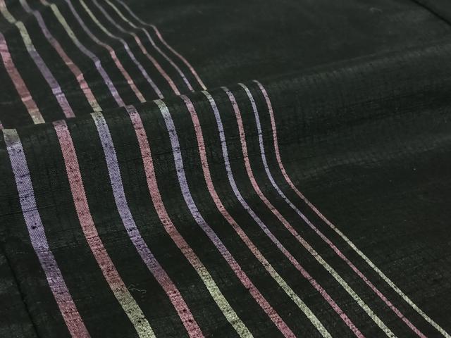 平和屋着物▽上質な紬 単衣 縞 黒地 ロング丈 正絹 逸品 AABI7006jh