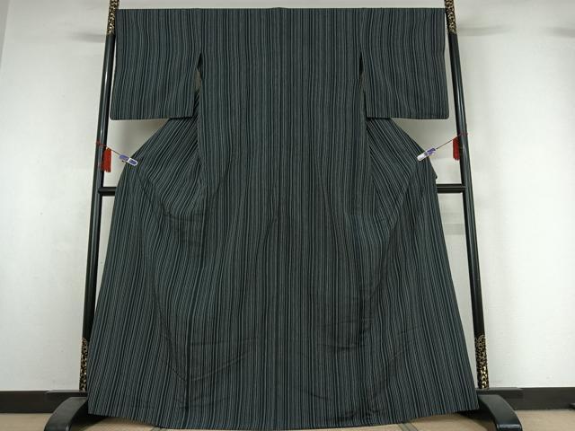 平和屋着物▽お召 単衣 縞 正絹 逸品 AABI7043jh