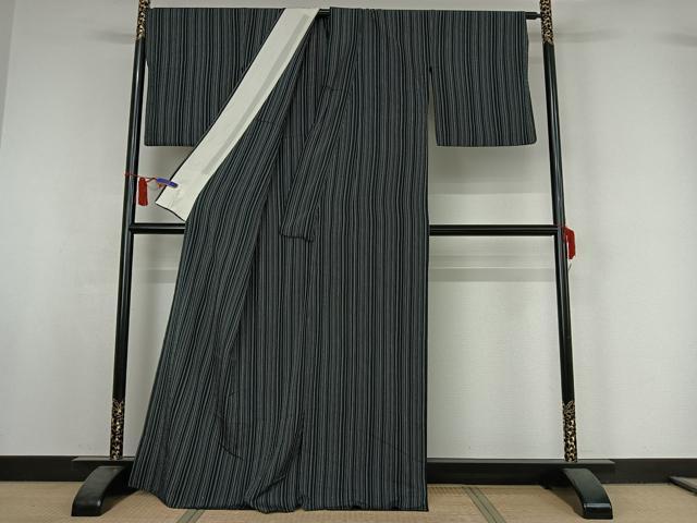 平和屋着物▽お召 単衣 縞 正絹 逸品 AABI7043jh