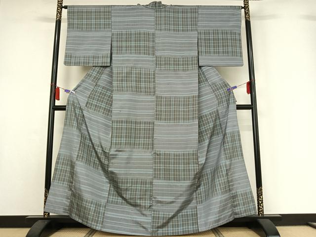 平和屋着物▽上質な紬 単衣 格子 正絹 逸品 AABI7046jh