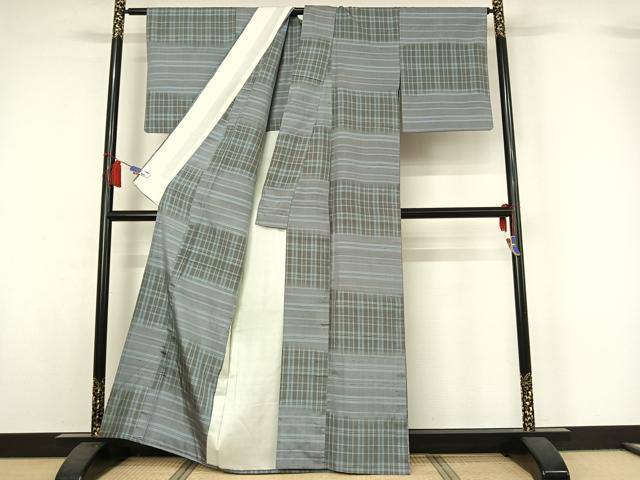 平和屋着物▽上質な紬 単衣 格子 正絹 逸品 AABI7046jh
