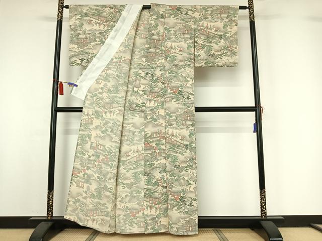平和屋着物▽上質な小紋 単衣 手描き 人物風景文 鬼しぼ縮緬 正絹 逸品 AABI7047jh