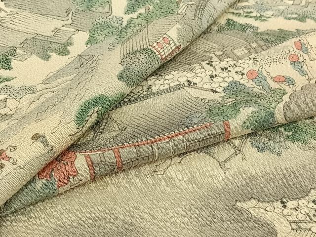 平和屋着物▽上質な小紋 単衣 手描き 人物風景文 鬼しぼ縮緬 正絹 逸品 AABI7047jh