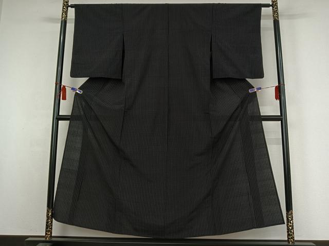平和屋着物▽上質な紬 単衣 格子 黒地 正絹 逸品 AABI7051jh