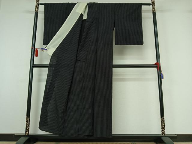 平和屋着物▽上質な紬 単衣 格子 黒地 正絹 逸品 AABI7051jh