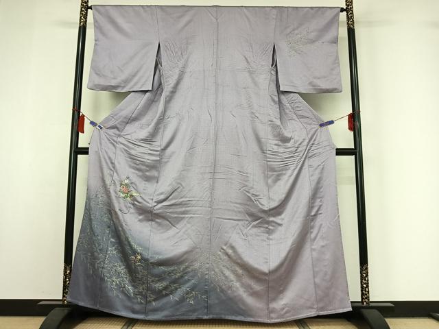 平和屋着物▽訪問着 単衣 刺繍 草花文 暈し染め 金糸 金彩 正絹 逸品 AABI7057jh