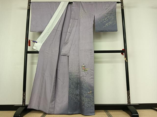 平和屋着物▽訪問着 単衣 刺繍 草花文 暈し染め 金糸 金彩 正絹 逸品 AABI7057jh