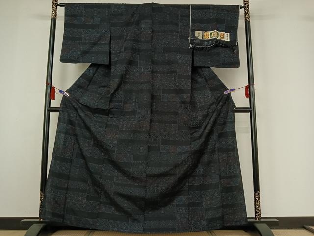 平和屋着物▽本真綿結城紬 単衣 横段花文 証紙付き 正絹 逸品 AABI7059jh