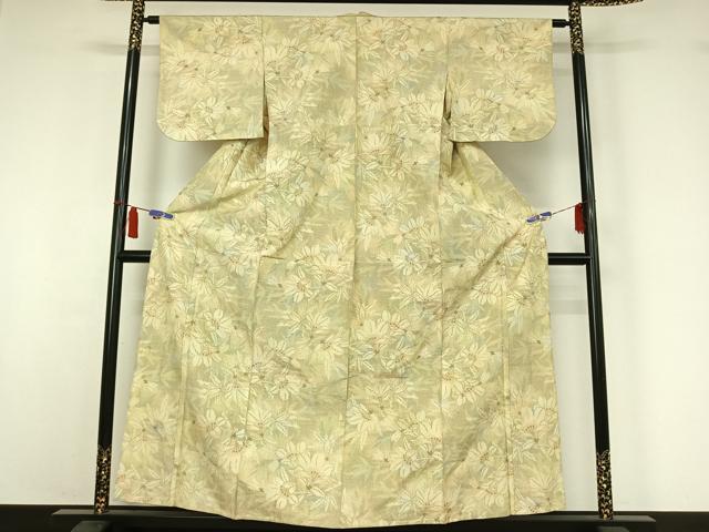 平和屋着物▽上質な紬 単衣 草花文 正絹 逸品 AABI7076jh