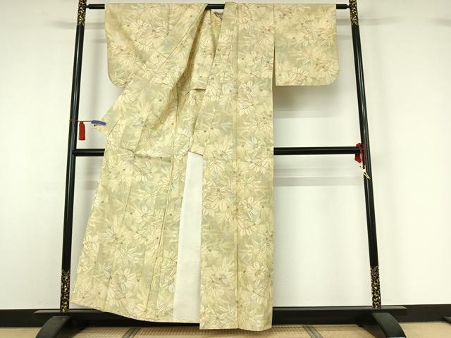 平和屋着物▽上質な紬 単衣 草花文 正絹 逸品 AABI7076jh