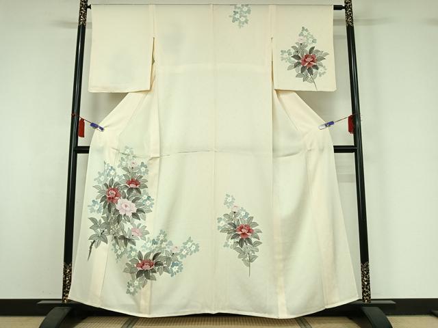 平和屋着物▽訪問着 単衣 手描き 草花文 正絹 逸品 AABI7077jh