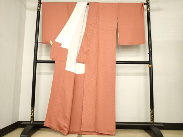平和屋着物●上質な色無地 小葵地紋 洗朱色 正絹 逸品 未使用 AABI7088ck