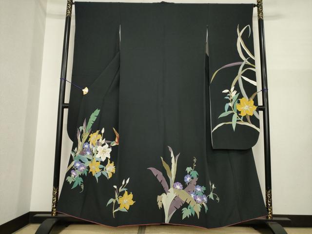 平和屋着物●二代目清次郎 手描き 振袖 草花文 黒地 正絹 逸品 AABI7096ck