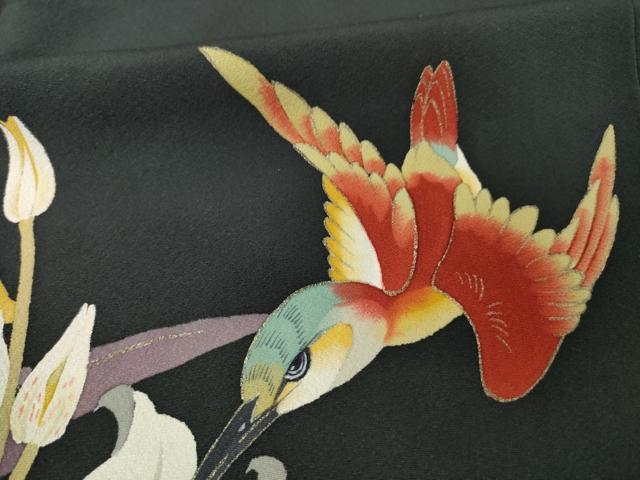 平和屋着物●二代目清次郎 手描き 振袖 草花文 黒地 正絹 逸品 AABI7096ck