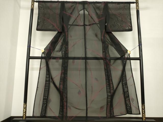 平和屋着物*夏物 小紋 風通紗 チューリップ 黒地 銀糸 正絹 逸品 AABI7113ck