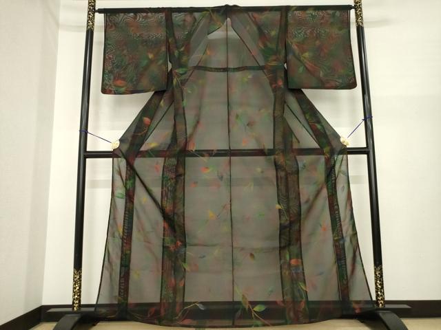 平和屋着物*夏物 小紋 風通紗 枝葉文 黒地 正絹 逸品 AABI7149ck