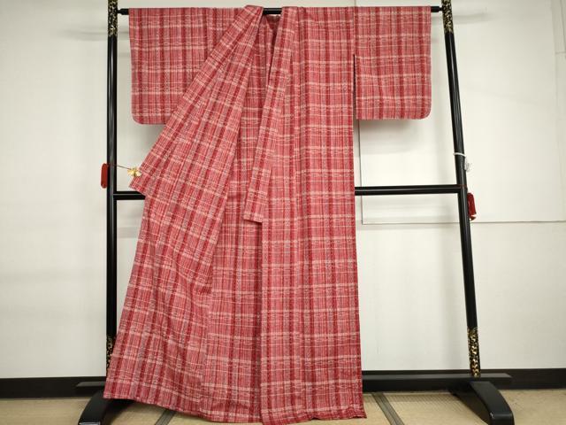 平和屋着物▽上質な紬 単衣 格子 正絹 逸品 AABI7178cs