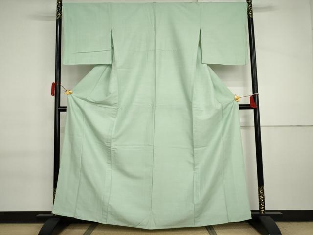 平和屋着物▽上質な紬 単衣 色無地 白緑色 正絹 逸品 AABI7191cs