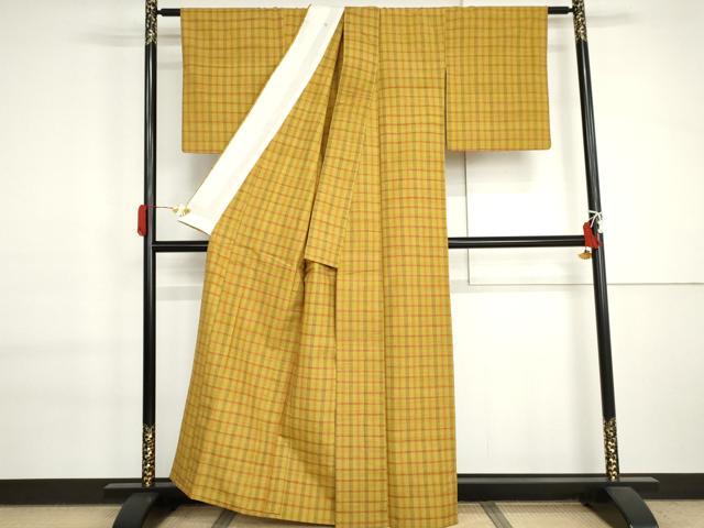 平和屋着物▽上質な紬 単衣 格子 正絹 逸品 AABI7193cs